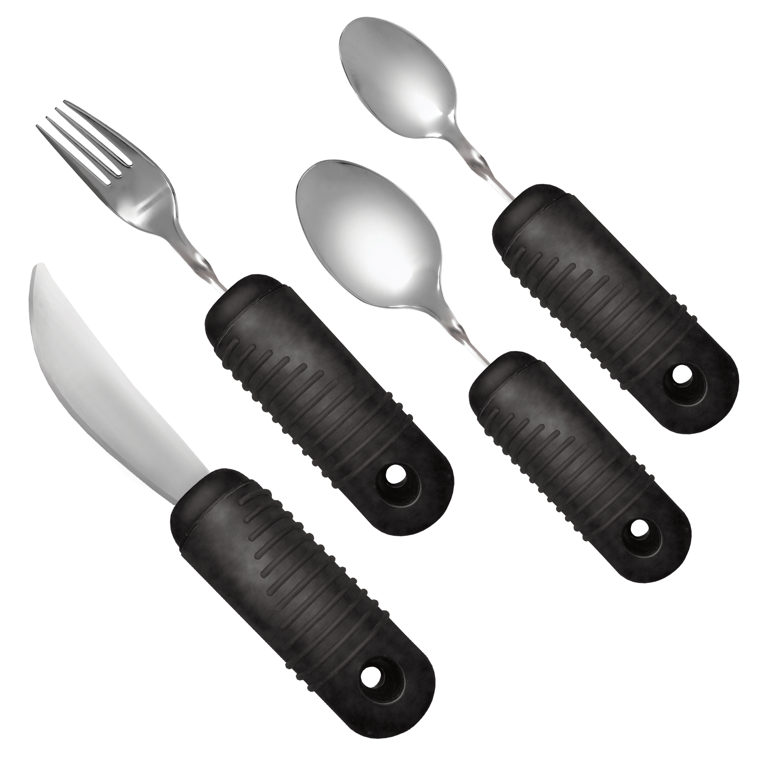 Adapted eating utensils including built-up handles on spoon and fork, a